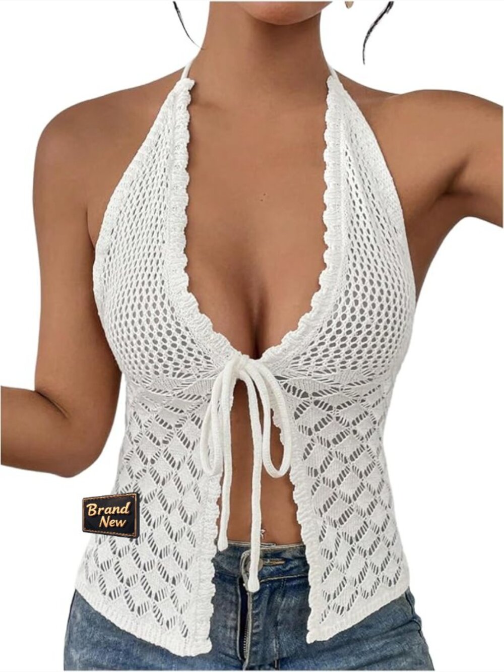 Crochet Tie Front Halter Neck Crop Camisole Top Swimsuit Cover Up